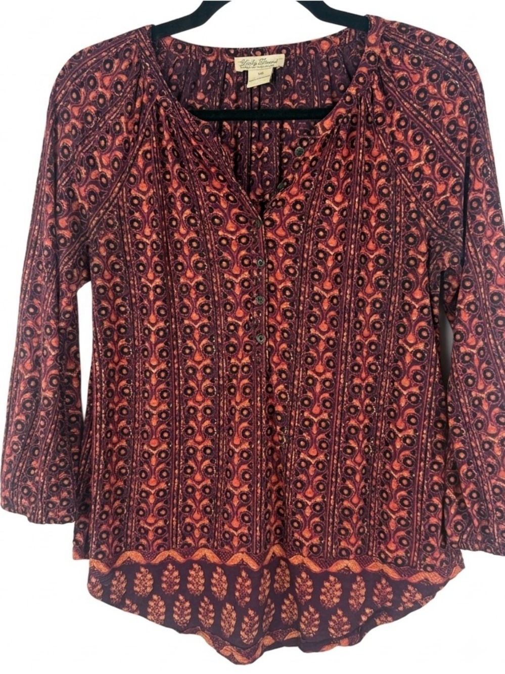 Lucky Brand Boho Geometric Floral Print Button Front Blouse Red Purple Orange